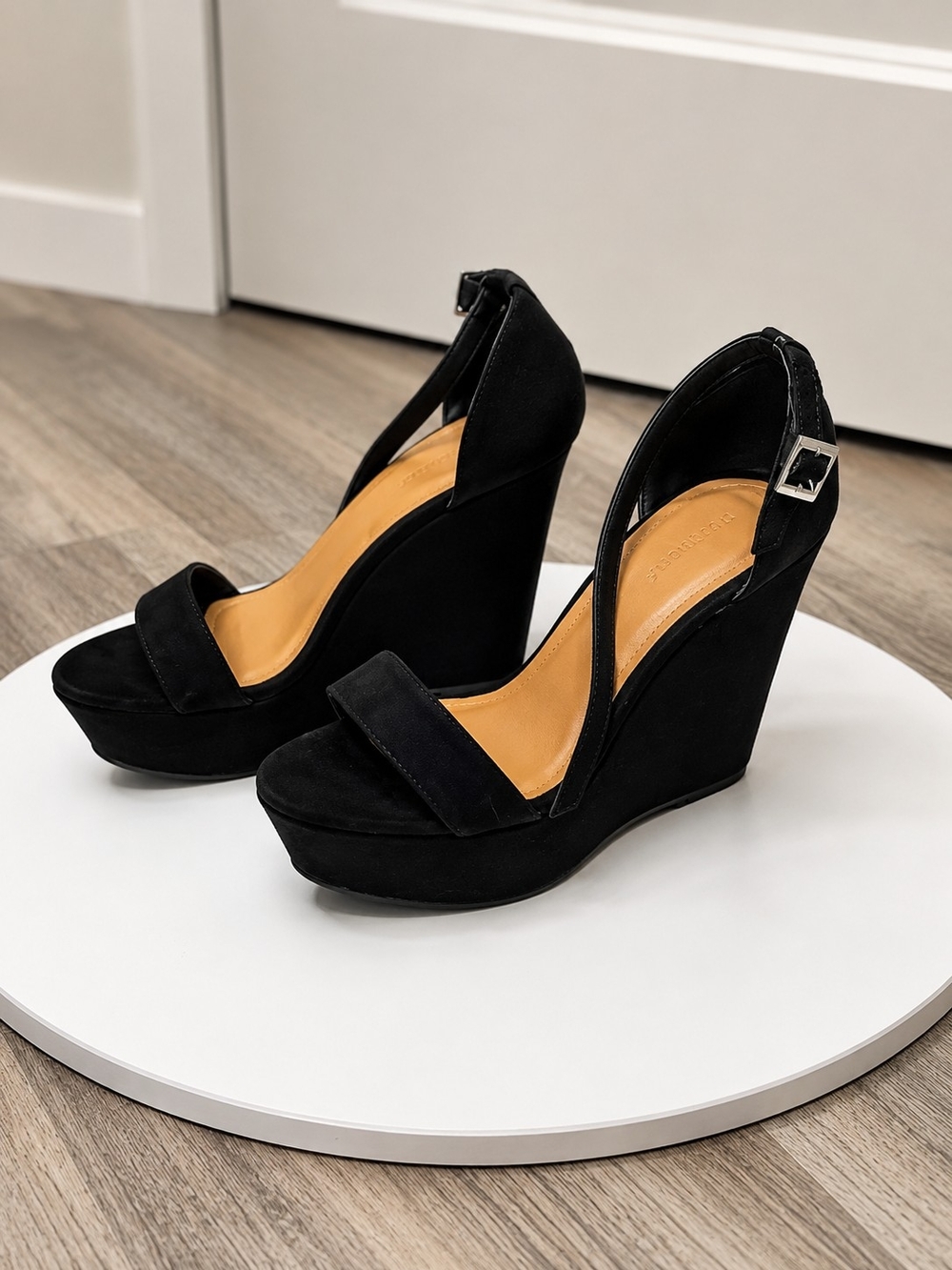 Black Suede Platform Wedge Heels with Ankle Strap